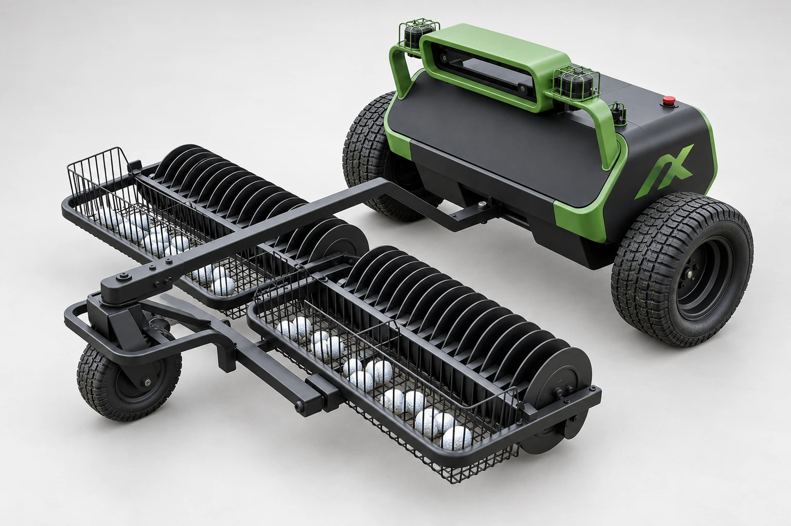 CE82A robotic ball collector from a raised front angle: the complete machine with its body, wheels and the towed collection unit with rollers and baskets
