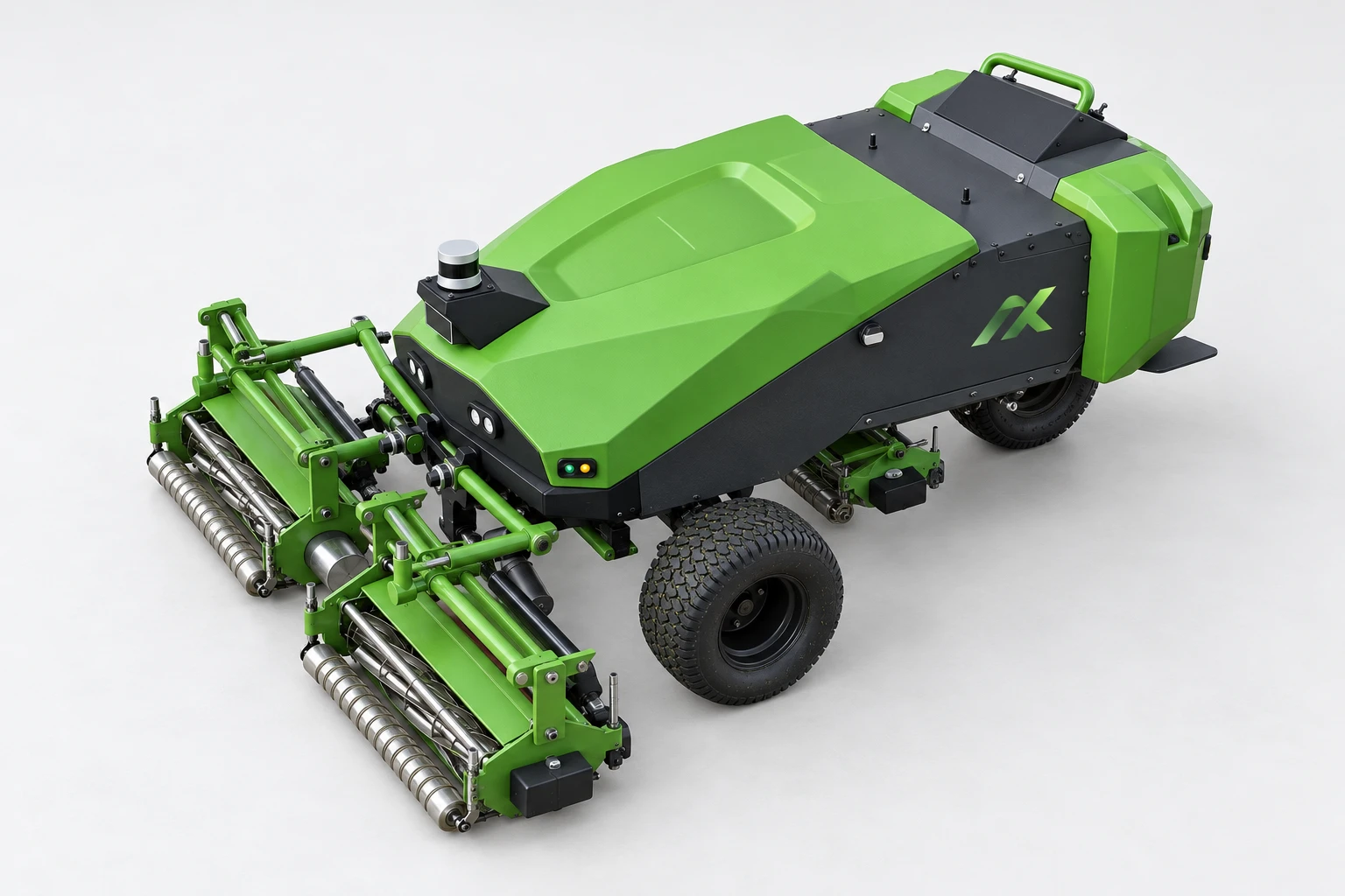 ME74A robotic fairway mower from a raised front angle: the complete machine with its wheels and the three reel cutting units