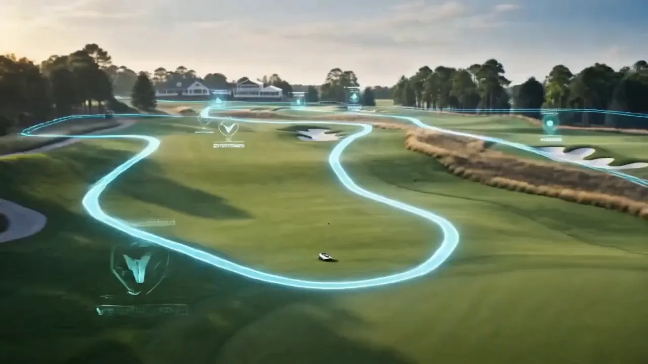 Aerial view of the golf facility with glowing coordination routes and waypoint markers tracing robot paths across the grounds