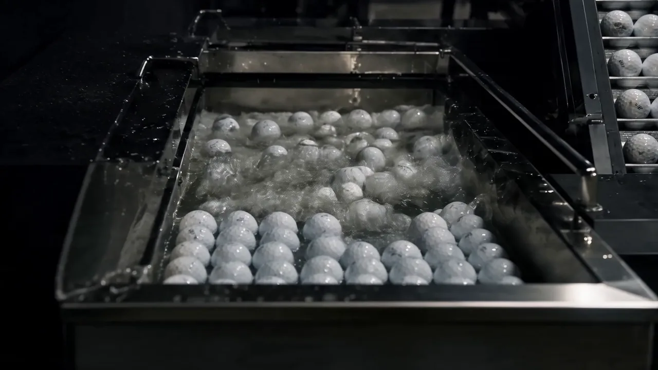 Golf balls churning in the washer trough while an elevator conveyor carries cleaned balls up toward the dispenser